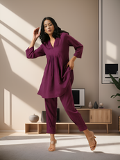 Plum Purple Rayon Slub Texture Pleated Co-Ord Set