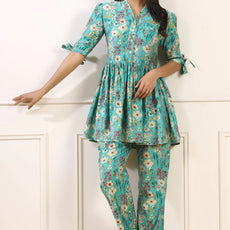 Elegant Cotton Fabric Cord Set for Women Blue