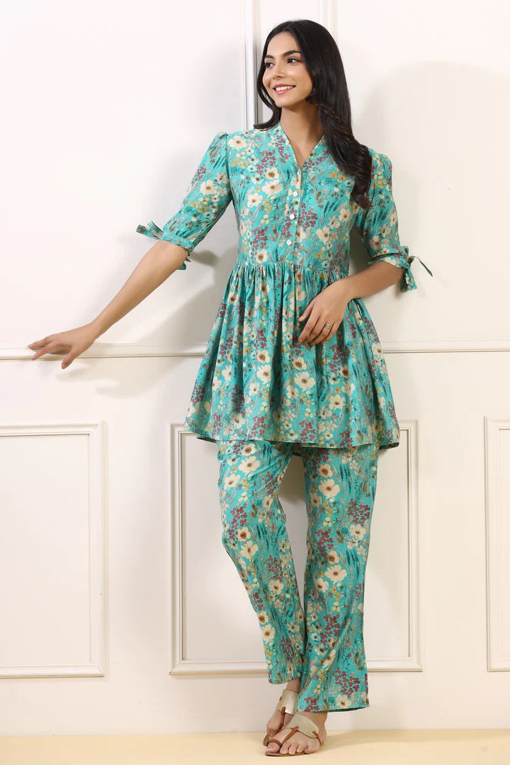 Elegant Cotton Fabric Cord Set for Women Blue