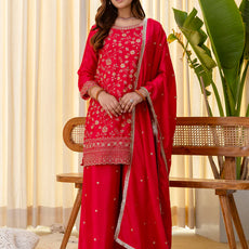 Rani Pink Silk Blend Embroidered with Sequins Straight Kurta Palazzo Dupatta Set
