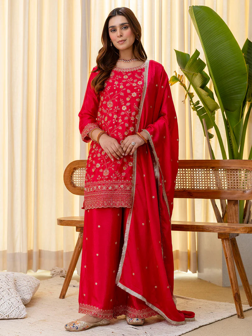 Rani Pink Silk Blend Embroidered with Sequins Straight Kurta Palazzo Dupatta Set