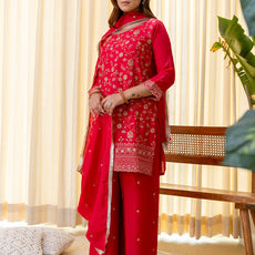Rani Pink Silk Blend Embroidered with Sequins Straight Kurta Palazzo Dupatta Set
