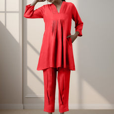 Red Rayon Slub Texture Pleated Co-Ord Set