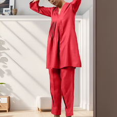 Red Rayon Slub Texture Pleated Co-Ord Set