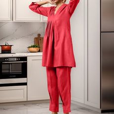 Red Rayon Slub Texture Pleated Co-Ord Set