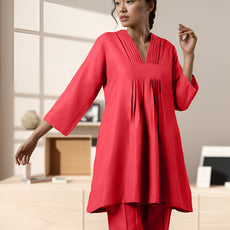 Red Rayon Slub Texture Pleated Co-Ord Set