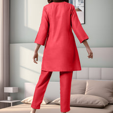 Red Rayon Slub Texture Pleated Co-Ord Set