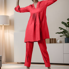 Red Rayon Slub Texture Pleated Co-Ord Set