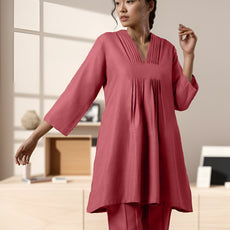 Peach Rayon Slub Texture Pleated Co-Ord Set