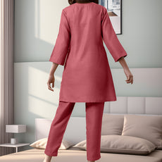 Peach Rayon Slub Texture Pleated Co-Ord Set