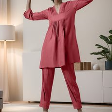 Peach Rayon Slub Texture Pleated Co-Ord Set