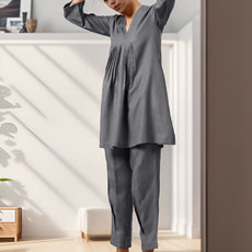 Grey Rayon Slub Texture Pleated Co-Ord Set