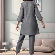 Grey Rayon Slub Texture Pleated Co-Ord Set