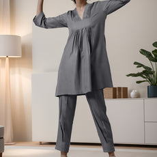 Grey Rayon Slub Texture Pleated Co-Ord Set