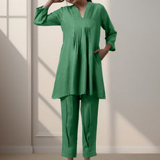 Green Rayon Slub Texture Pleated Co-Ord Set