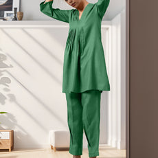 Green Rayon Slub Texture Pleated Co-Ord Set
