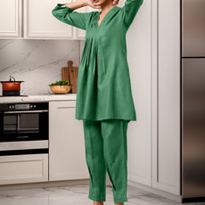 Green Rayon Slub Texture Pleated Co-Ord Set