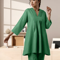 Green Rayon Slub Texture Pleated Co-Ord Set