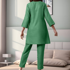 Green Rayon Slub Texture Pleated Co-Ord Set