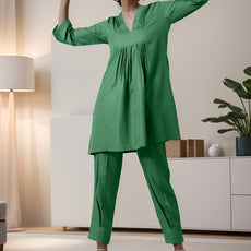Green Rayon Slub Texture Pleated Co-Ord Set