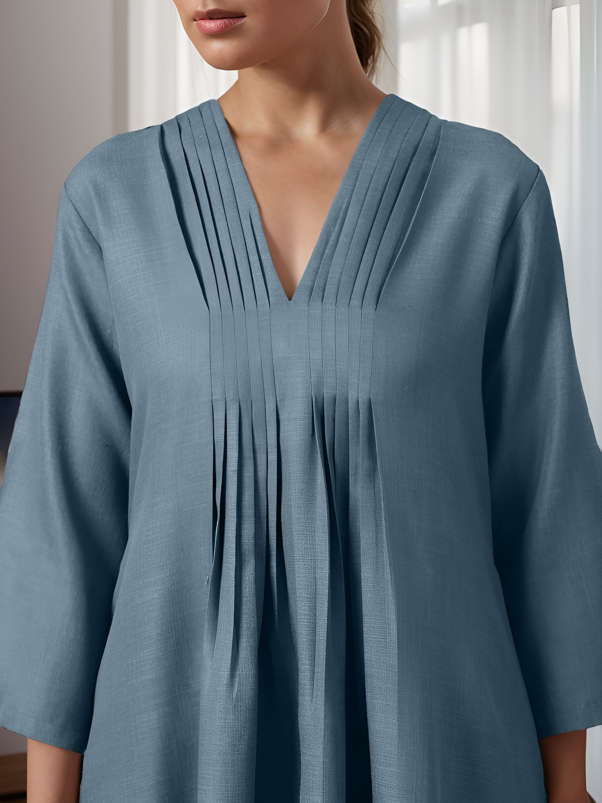 Blue Rayon Slub Texture Pleated Co-Ord Set