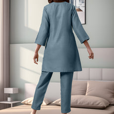 Blue Rayon Slub Texture Pleated Co-Ord Set