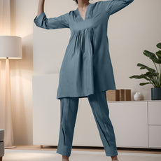 Blue Rayon Slub Texture Pleated Co-Ord Set