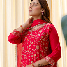Rani Pink Silk Blend Embroidered with Sequins Straight Kurta Palazzo Dupatta Set