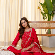 Rani Pink Silk Blend Embroidered with Sequins Straight Kurta Palazzo Dupatta Set