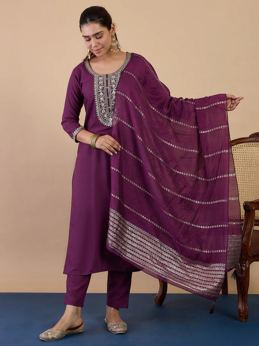 Riva Purple Elegant Embroidered Kurta Pant Set for Women