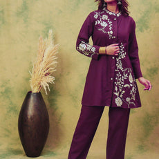 Women Elegant Purple Co-Ord Set Featuring Thread Embroidery , Paired With Ankle-Length Trousers For A Chic, Coordinated Look.
