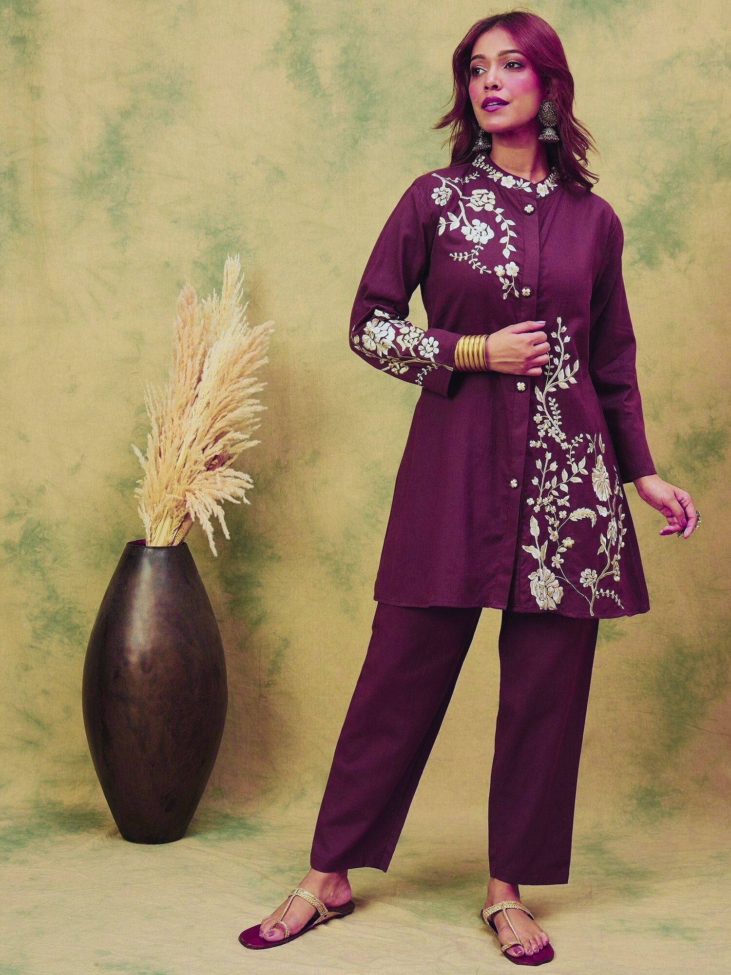 Women Elegant Purple Co-Ord Set Featuring Thread Embroidery , Paired With Ankle-Length Trousers For A Chic, Coordinated Look.