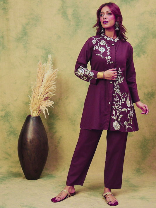 Women Elegant Purple Co-Ord Set Featuring Thread Embroidery , Paired With Ankle-Length Trousers For A Chic, Coordinated Look.