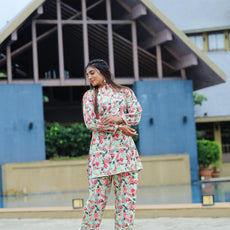 Floral Printed Mandarin Collar Top With Straight Trousers