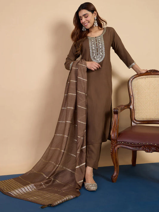 Riva Brown Elegant Embroidered Kurta Pant Set for Women