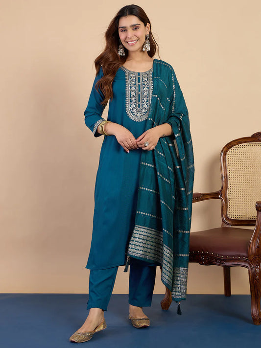 Riva Teal Elegant Embroidered Kurta Pant Set for Women