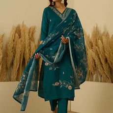 Saanjh Teal Women Kurta and Pant Dupatta Sets Silk Fabrics with Embroidery