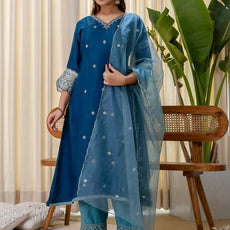 Meher Teal-blue Embroidred Kurta Sets with Sequins Work Women Suits