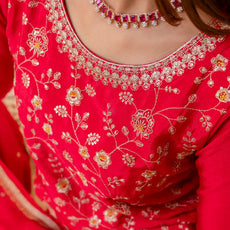 Rani Pink Silk Blend Embroidered with Sequins Straight Kurta Palazzo Dupatta Set