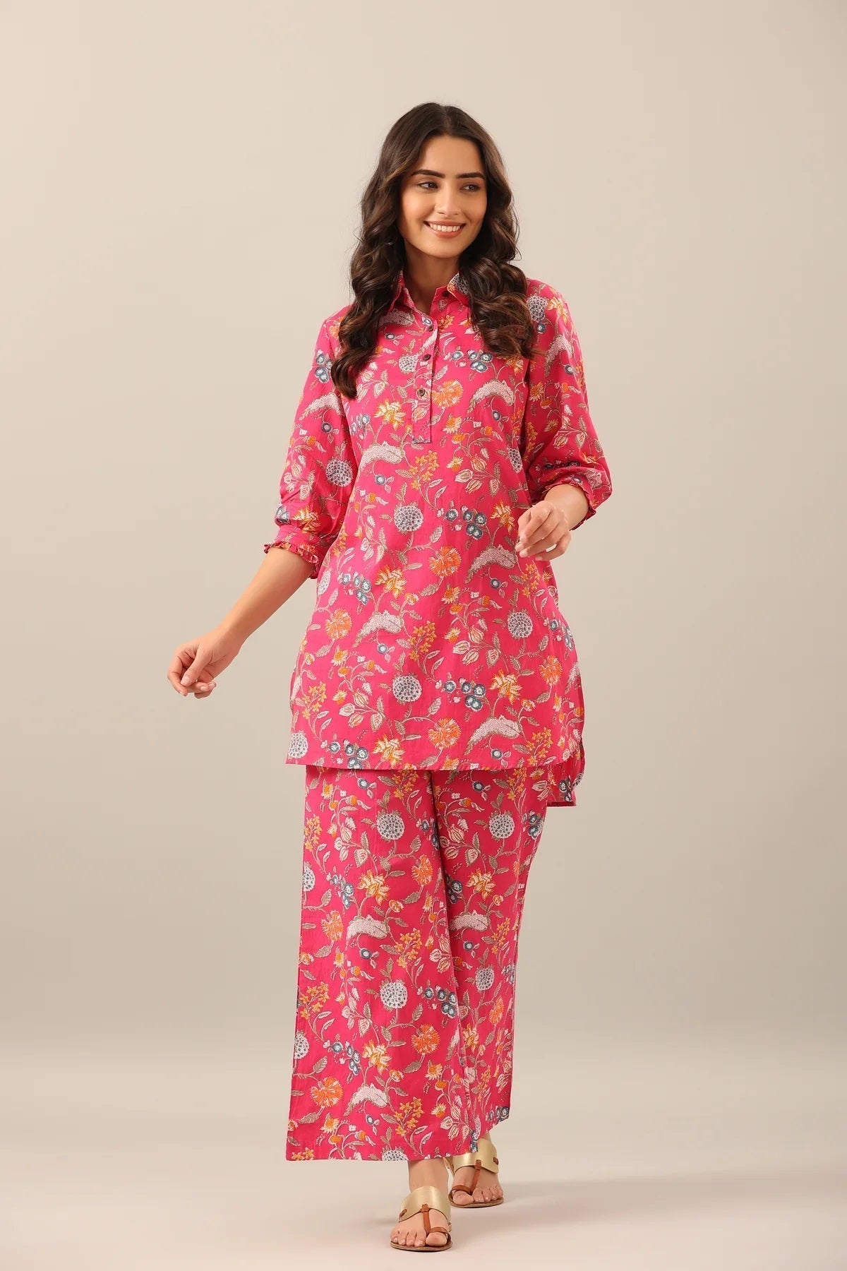 Women Pink Shirt Collar Co-Ord Sets