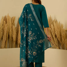 Saanjh Teal Women Kurta and Pant Dupatta Sets Silk Fabrics with Embroidery