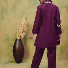 Women Elegant Purple Co-Ord Set Featuring Thread Embroidery , Paired With Ankle-Length Trousers For A Chic, Coordinated Look.