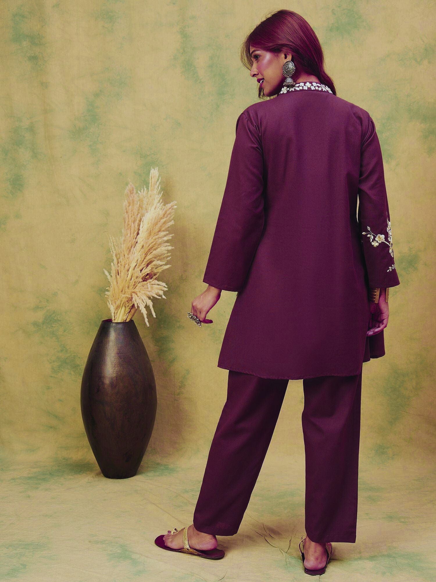 Women Elegant Purple Co-Ord Set Featuring Thread Embroidery , Paired With Ankle-Length Trousers For A Chic, Coordinated Look.