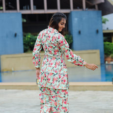 Floral Printed Mandarin Collar Top With Straight Trousers