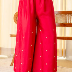Rani Pink Silk Blend Embroidered with Sequins Straight Kurta Palazzo Dupatta Set