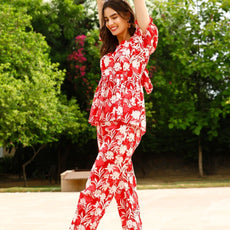 Red Ethnic Coromandel On Pallazo Co-Ord Set