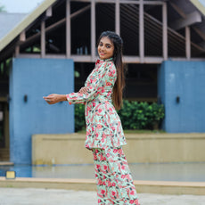 Floral Printed Mandarin Collar Top With Straight Trousers