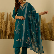 Saanjh Teal Women Kurta and Pant Dupatta Sets Silk Fabrics with Embroidery