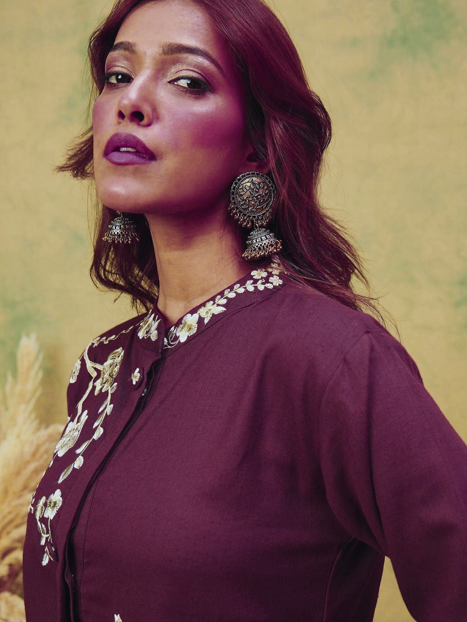 Women Elegant Purple Co-Ord Set Featuring Thread Embroidery , Paired With Ankle-Length Trousers For A Chic, Coordinated Look.