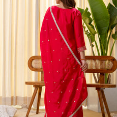 Rani Pink Silk Blend Embroidered with Sequins Straight Kurta Palazzo Dupatta Set